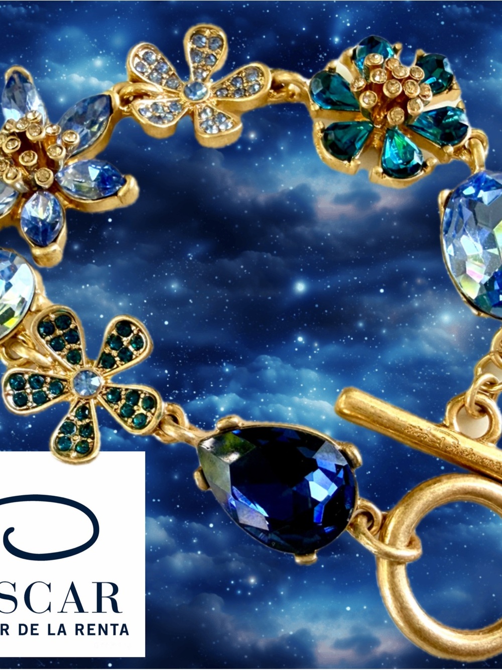 Oscar de la Renta Gold-Tone Bracelet with Blue and Teal Floral Crystals - Picture 3 of 9